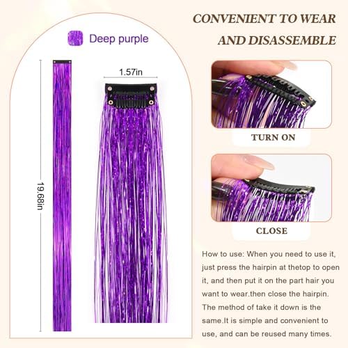 Leuceiy Hair Tinsel Clip in,Hair Accessories Tinsel Hair Extensions for Girls Pack of 6 Pcs 20 Inch,Fairy Hair Tinsel Kit,Heat Resistant New Years Festival Party - Image 2