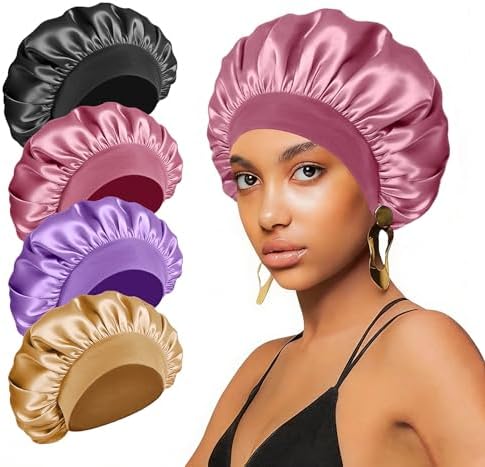 FIRSTPELLA 4PCS Silk Satin Bonnets for Black Women & Men - Elastic Wide Band Hair Wrap Cap for Curly Hair - Shower Cap for Sleeping (Black & Bean Paste Pink & Purple & Brown) by FIRSTPELLA