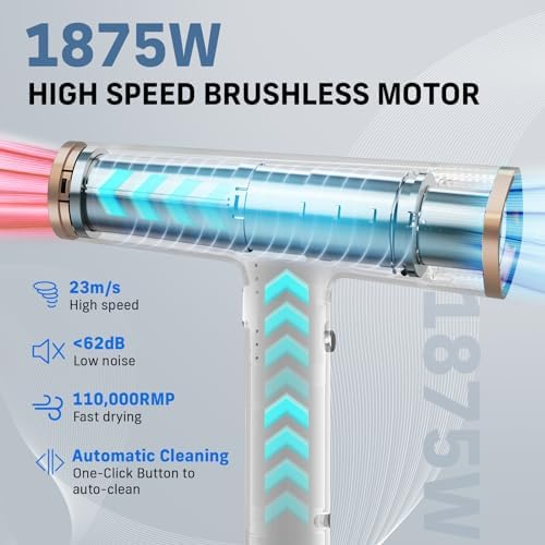 Quico Hair Blow Dryer, 1875W High-Speed BLDC Professional 110000 RPM Quiet Hair Dryer with Diffuser, 7X Faster Salon Blow Dryers for women, Adjustable Temp and Speed, Ionic Hair Dryer Home Travel Gift - Image 2