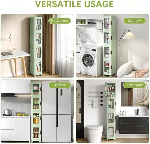 VECELO 4-Tier Narrow Storage Cabinet with Wheels, Light Green - Image 6