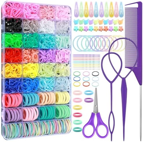 Auroray Hair Accessories for Girls, 1784 Pcs Elastic Ties Set 24 Color Rubber Bands With Organizer Box Cotton Baby Ties Styling Tool Set Clips Elastic Cutter Scissor by auroray