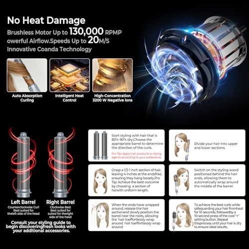 Hair Dryer Brush, 5 in 1 Blow Dryer Brush Set, High Speed Hot Air Styler, Auto Wrap Curlers for Frizz-Free Volume, Smooth Hair&No Heat Damage Hair Styling Tools Gift for Drying Curling Straightening - Image 6