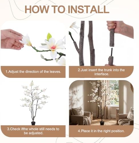 Giegxin 6 FT Tall Artificial Magnolia Tree, 72 Inches Faux Magnolia Trees Realistic UV-Resistant Flower Leaves Plant with Pot for Patio Home Office Wedding Living Room Indoor Outdoor Decor(White) - Image 4