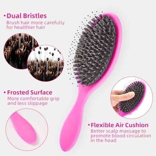Boar Bristles Hair Brush for Women and Men, Detangling Hair Brush for Smoothing Massage Add Shine, Nylon&Boar Bristles Detangler brush for Hair Healthy (1 Pack-HotPink) - Image 4