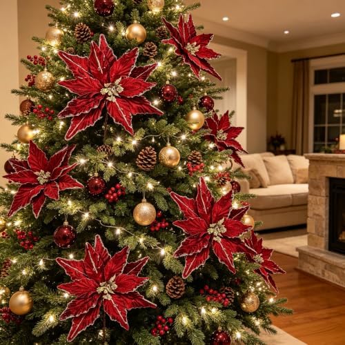 Kimura's Cabin 6Pcs Artificial Poinsettia Christmas Flowers Set,Burgundy - Image 3