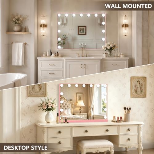 Ratsamee Pink Hollywood Vanity Mirror with Lights, 15 Dimmable Bulbs, 3 Color Lights,Make Up Lighted Mirror, Aluminum Metal Frame, USB Charging Port（23" x 18"） - Image 4
