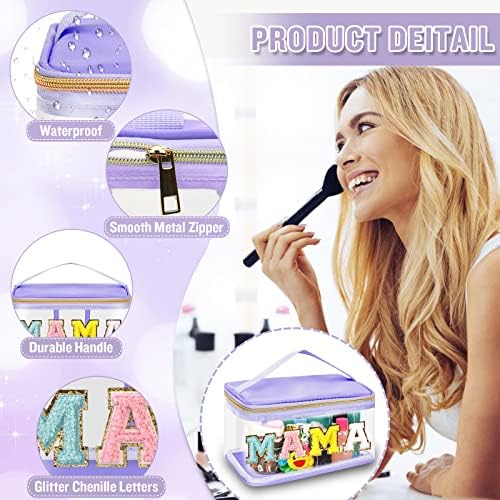 Chenille Letter Clear Makeup Bags Mama Pouch, Preppy Patch Makeup Bag Zipper with Handle, Transparent PVC & Nylon Waterproof Glitter Cosmetic Handbag Travel Toiletry Storage for Women(MAMA-Purple) - Image 3