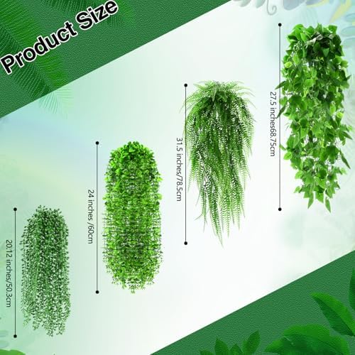 Daifunli 12 Pcs Artificial Hanging Plants Fake Hanging Ferns Plastic Faux Plants for Wall Room Garden Garland Indoor Outdoor Decor No Basket (Boston,Eucalyptus,Ivy Vine,String of Pearls) - Image 2