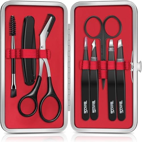 TsMADDTs Tweezers Set, 8 in 1 Eyebrow Trimmer Scissors, Tweezers for Women Facial Hair, Razor, Brush with Travel Bag, Tweezers Set for Women and Men, Professional Shaping Grooming Kit by TsMADDTs