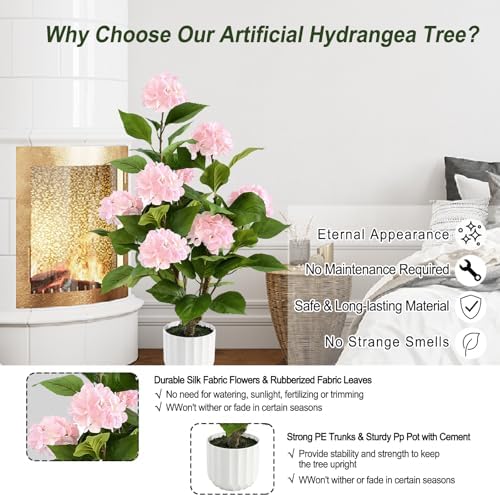 3FT Artificial Hydrangea Tree 2 Pack, Realistic Faux Hydrangea Plants in Pot with Pink Flowers, Lifelike Faux Greenery Home Indoor Outdoor Front Porch Garden or Wedding, Pink - Image 6