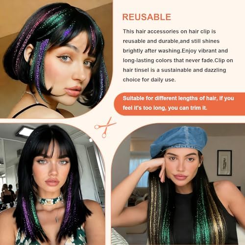 Leuceiy Hair Tinsel Clip in,Hair Accessories Tinsel Hair Extensions for Girls Pack of 6 Pcs 20 Inch,Fairy Hair Tinsel Kit,Heat Resistant New Years Festival Party - Image 4