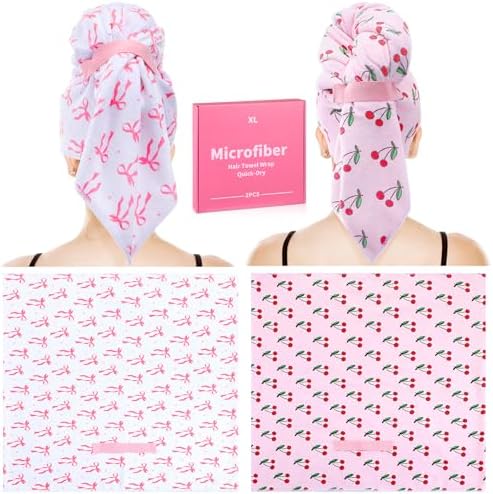 Hahafelt 2 Pack Large Microfiber Hair Towels, 23" x 40" Pink Hair Turban by Hahafelt