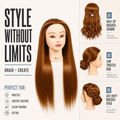 26-28 Inch Synthetic Fiber Mannequin Head for Braiding Styling Cutting Cosmetology Practice Doll with Clamp Stand for Makeup Training (Blond) - Image 4