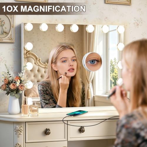 Ratsamee Hollywood Vanity Mirror with Lights, 23" x 18", 15 Dimmable Bulbs, 3 Color Lights, Make Up Lighted Mirror, USB Charging Port, Gifts for Women Wife Teengirls White - Image 6