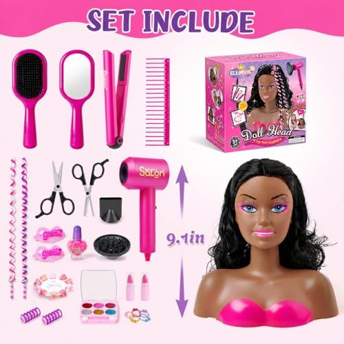 Cleboen Hair Styling Doll Head for Girls, Pretend Play Beauty Salon Makeup Kit with Hair Dryer, Straightener & Real Nail Polish, 35PCS Hair Accessories Playset, Birthday Gifts for Girls Age 4-6 6-8 - Image 2