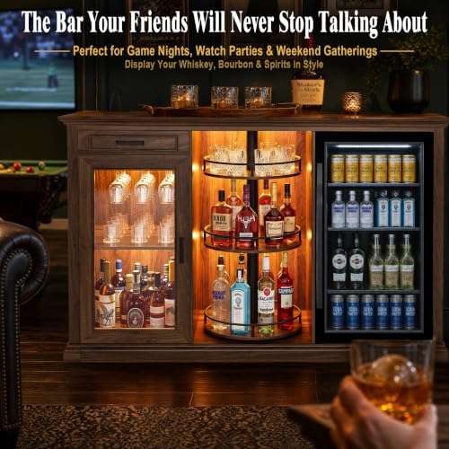GDLF 60.2-Inch Home Bar Cabinet with Fridge Space, Warm Amber LED, Walnut - Image 4