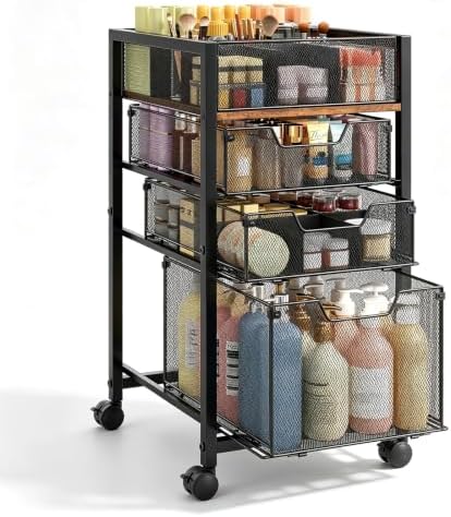 4-Tier Rolling Makeup Cart Organizer with 3 Drawers, Cosmetics Display with 2 Dividers, Floor Skincare Storage with Wheels, Versatile Vanity Organizer for Nail Polish Perfume Brush Hair Tool, Black by JKsmart