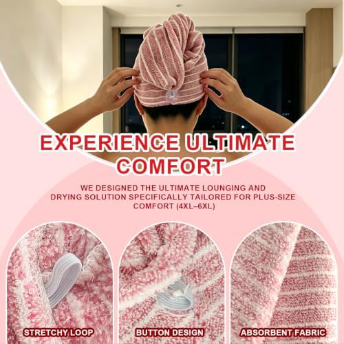 Oversized Bath Towel Wrap for Women Plus Size with Hair Dry Towel Set Microfiber Soft Absorbent Body Wrap with Button Design for Shower, Spa, Beach, Latte Stripe (XL-2XL) - Image 2