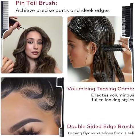 Hair Wax Stick with Slick Back Hair Brush Set for Flyaways, Teasing Boar Bristle Brush, Edge Hair Brushes, Volume Comb, Rat Tail Comb for Girls, Kids, Women & Men, Black - Image 4