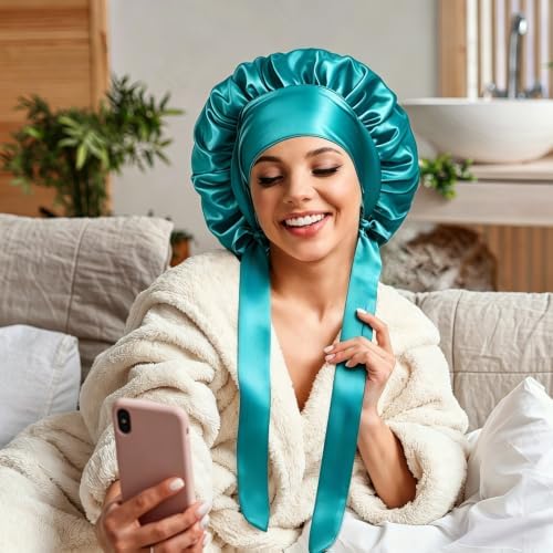 VECIIR Silk Bonnet for Sleeping Women，Hair Bonnet for Sleeping Silk Night Cap for Curly/Natural Hair Skin Hazel Cyan, Large - Image 4