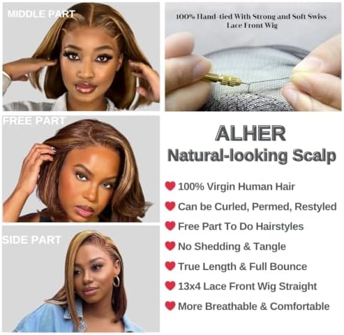 ALHER Short Bob Wig 4/27 Honey Blonde Highlight, 12A Straight Small Cap 13x4 Lace Frontal Wigs Human Hair Pre Plucked With Baby Hair, Small Cap Wig Size 21-21.5 180% Density for Black Women 10 Inch - Image 6