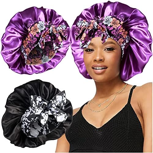 2pcs Large Silky Bonnets with tie Band Braid Bonnet, Satin Bonnet for Sleeping Curly Hair, E by Heniho