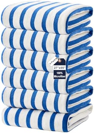 JML Microfiber Beach Towels, 6 Pack, 27" x 55", Cabana Stripe Dark Blue by JML