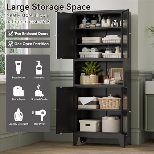Bevivog Tall Pantry Cabinet with Microwave Shelf, 69" Metal Storage Cabinet with 4 Doors and Adjustable Shelves,Freestanding Metal Kitchen Hutch Cabinet, Black Pantry Closet Storage Shelves with Doors - Image 5
