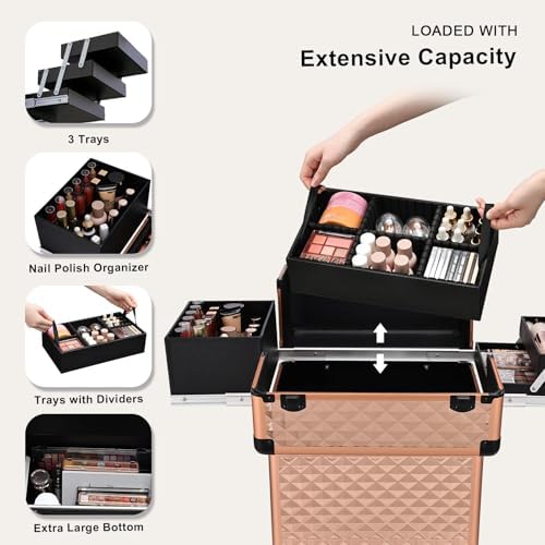 Stagiant Rolling Makeup Train Case Large Storage Cosmetic Trolley 4 Tray with Sliding Rail Removable Middle Layer with Key Swivel Wheels Salon Barber Case Traveling Cart Trunk - Image 3
