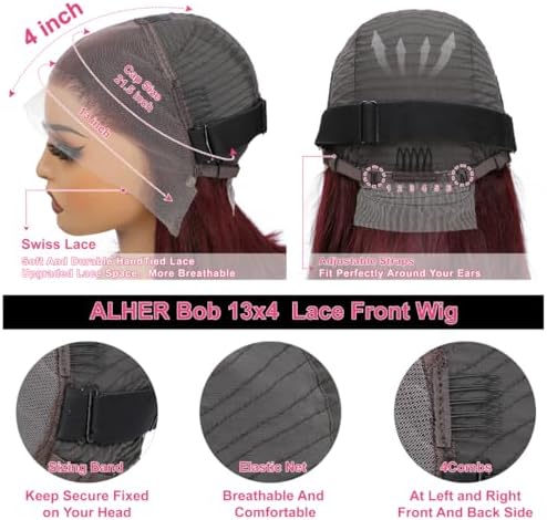 ALHER Short Bob Wig 99J Dark Burgundy, 12A Straight Small Cap 13x4 Lace Frontal Wigs Human Hair Pre Plucked With Baby Hair, Small Cap Wig Size 21-21.5 180% Density for Black Women 12 Inch - Image 4