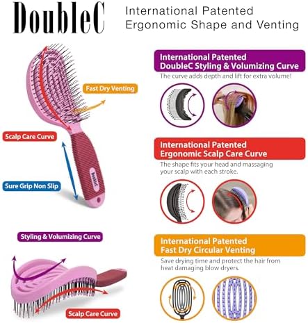 NuWay® DoubleC® Scalp Care Hair Brush – Patented Double Curve Design for Scalp Massage, Vented Blow-Dry Styling, Wet & Dry Hair, All Hair Types (Petal Pink) - Image 2