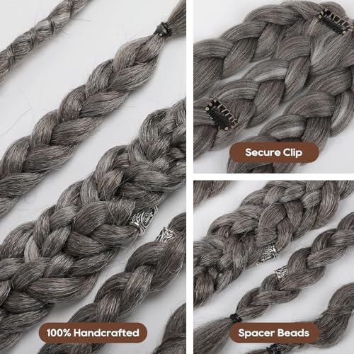 NTYNTY Viking Hair Extensions for Men – 24" Handcrafted Clip In Braided Ponytail Hairpiece for Halloween Viking Costume Renaissance Warrior Accessories - Silver Gray - Image 2