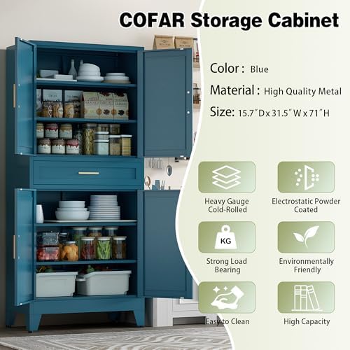 COFaR Farmhouse Storage Kitchen Pantry Cabinet with 4 Barn Door, 4 Adjustable Shelves, Drawer and Legs, for Cupboard/Dining Room/Bathroom/Living Room/Office/Laundry Room(Blue Green, 71" Metal Cabinet) - Image 5