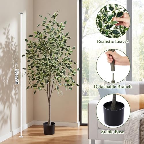 Daifunli 5ft Artificial Ficus Tree Faux Realistic Plants with Silk Leaves and Texture Trunks Fake Ficus Tree for Home Decor Indoor Office Living Room Porch Outdoor Housewarming Gift - Image 2