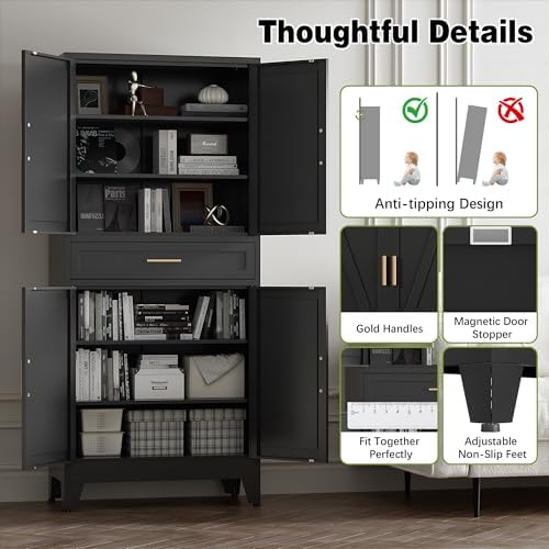 COFaR 71" Tall Metal Storage Cabinet with 4 Doors and 4 Adjustable Shelves, 6-Tier Farmhouse Storage Cabinet with Drawers and Legs, for Office, Home, Garage, Gym, School, Living Room, Hallway（Black） - Image 6