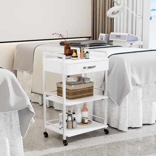 OmySalon Salon Trolley Cart with Wheels, Esthetician Cart with 1 Drawer & 2 Trays, Mobile Storage Organizer for Beauty Spa Massage Tattoo Esthetic Facial Tool Holder Station, White - Image 3