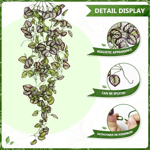2-Pack Fake Hanging Plants, Faux Hanging Plant Artificial Greenery for Living Room Bedroom Boho Wall Shelf Indoor Outdoor Decor (Purple Feather Leaf) - Image 2