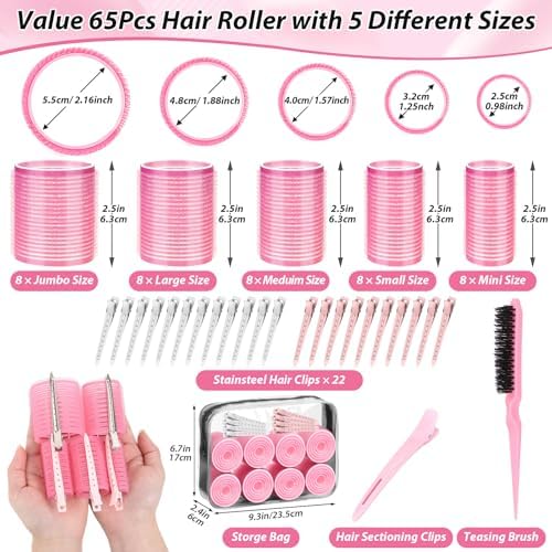 Qinzave 65 PCS Hair Curler Rollers with 5 Sizes Self Grip Hair Rollers for Long Medium Short Thick Fine Thin Bangs Volume Hair, Jumbo Curlers Rollers with Storage Bag Teasing Brush - Image 3
