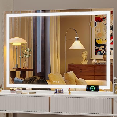 Hasipu Vanity Mirror with Lights, 42" x 30" LED Makeup Mirror, Lighted Makeup Mirror with Dimmable 3 Modes, Touch Screen Control Vanity Mirror Square White by Whatssuitableisthebest