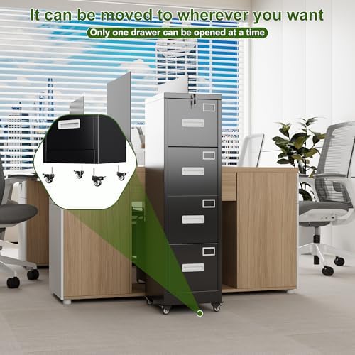 Aobabo 4 Drawer Metal File Cabinet with Lock and Wheels, Black - Image 4