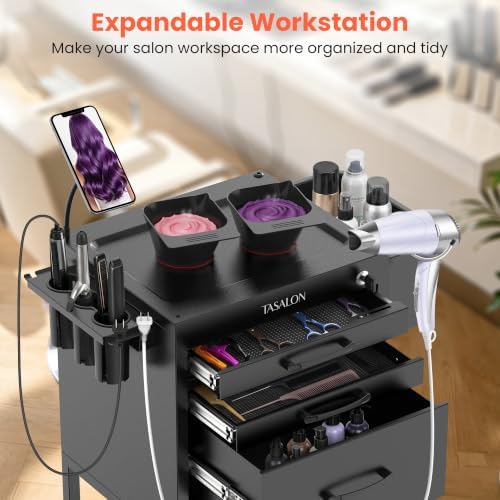 TASALON Salon Trolley Cart with Wheels, Lockable Metal Rolling Cart with Drawers, Magnetic Bowls & Phone Holder, Mobile Storage Organizer for Hair Stylist, Barber & Tattoo Supplies, Black - Image 2