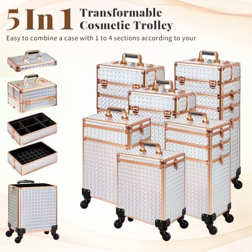 AROUS 5 in 1 Rolling Makeup Train Case with Lid Cosmetology Case on Wheels - Image 2