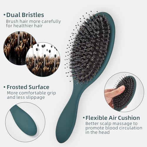 Boar Bristles Hair Brush for Women and Men, Detangling Hair Brush for Smoothing Massage Add Shine, Nylon&Boar Bristles Detangler brush for Hair Healthy (1 Pack-Green) - Image 3