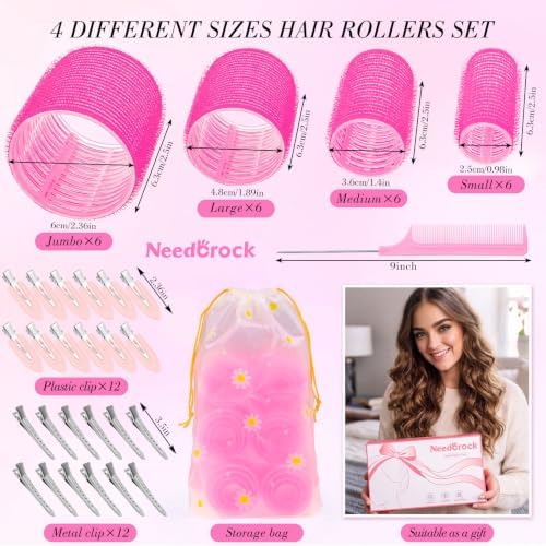4 Sizes Heatless Rollers Hair Curlers Set with Clips Comb Storage Bag, Red - Image 2