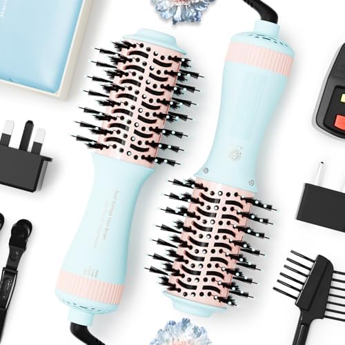 Travel Dual Voltage Hair Dryer Brush 4-in-1 Portable Mini Hot Air Blow Dryer Straightener & Curler Brush, Titanium Round Blowout Styler Volumizer Tools, 110/240V US/EU/UK -Baby Blue & Light Pink by MayAllDreamsRealizedEndingMisfortuneInAuspicious