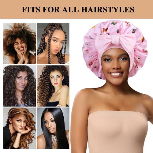 2+3 Large Satin Bonnets with Scrunchies for Women, Hair Bonnet Sleeping Tie Bonnet for Braids Curly Hair - Image 4