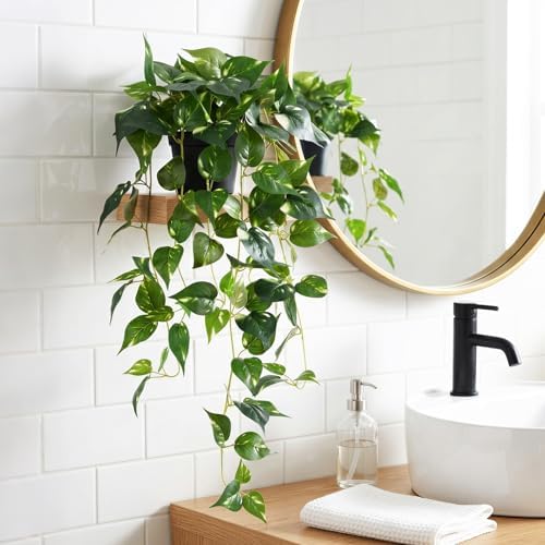 Artificial Hanging Plants with Pots - 33" Fake Pothos Silk Greenery for Indoor Outdoor, Realistic Faux Plants Potted for Shelves Bedroom Bathroom Trailing Plant, Dark Green 2 Pack - Image 4