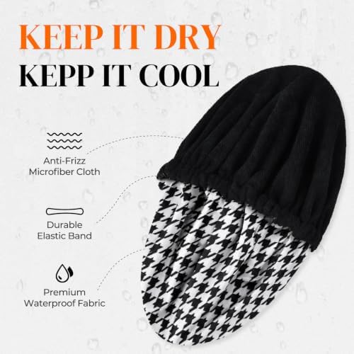 Shower Cap for Men Black Bath Cap, Reversible Terry Lined Large Waterproof Adjustable Shower Caps Elastic Band Stretch Hem Hair Hat for braids - Image 2