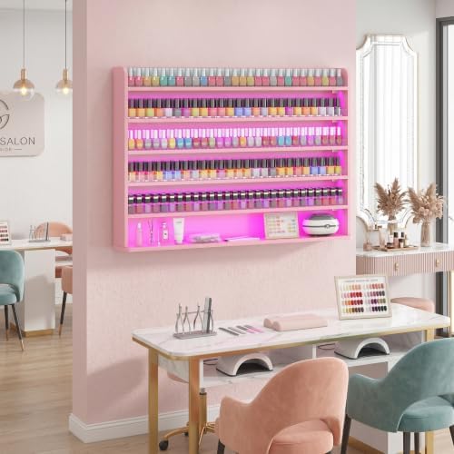 Wood Nail Polish Rack Display, 6 Tiers Nail Polish Wall Organizer, Pink - Image 2