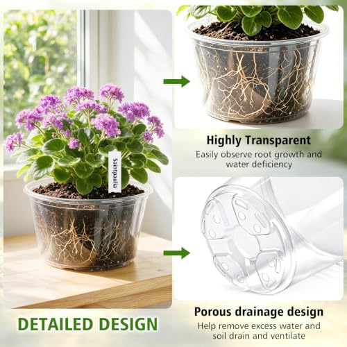 16 Pack 12/10/8/6 Inch Clear Nursery Pots with Drainage, Large Plastic Nursery Pots for Plants with Labels, Clear Plant Pots for Succulents, Flower & Vegetable - Image 5